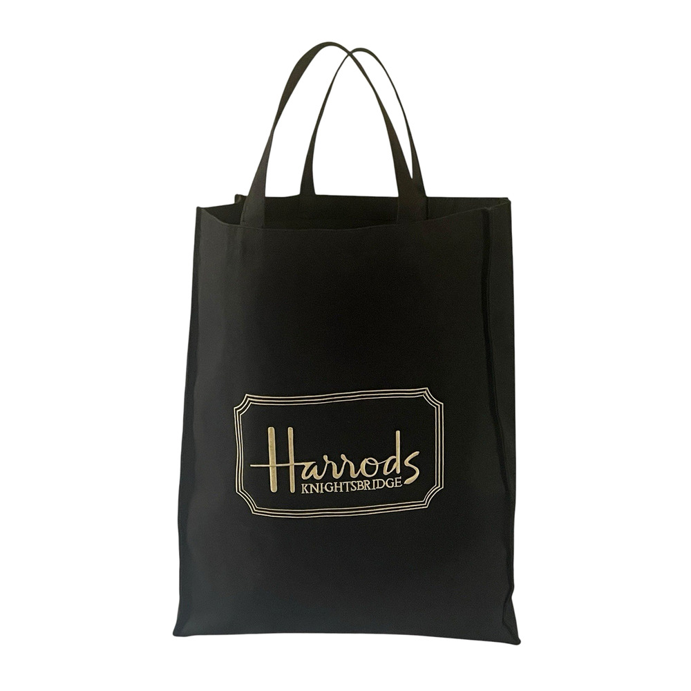 HARRODS Large Black Gold Tone Embroidered Logo Tote Double Handle Shopper Bag